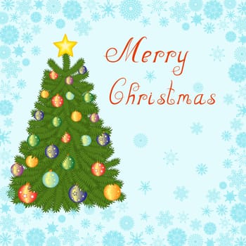 Greeting card with decorated Christmas tree on snowflakes the background hand drawing vector illustration
