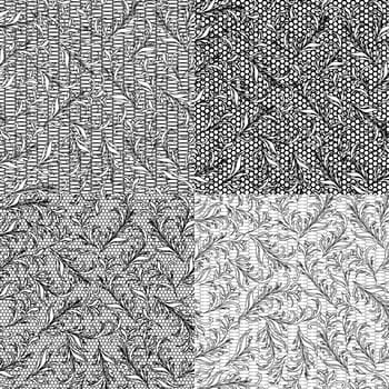 Four vector black and white seamless patterns on separate layers with floral elements on the grid background