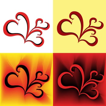 Four similar stylized swirl images as a hearts in different colors, hand drawing vector illustration