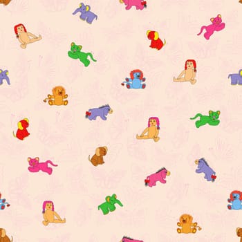 Seamless vector pattern of colorful cartoon toys. Pink background with butterflies can be used as a separate seamless pattern