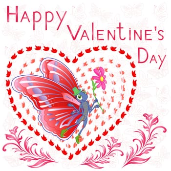 Happy Valentine’s Day, butterfly with flower on the background of heart and butterflies, hand drawing stylized vector greeting card in pink tints