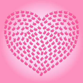 Heart with many small butterflies on the pink background as a love symbol, hand drawing vector illustration