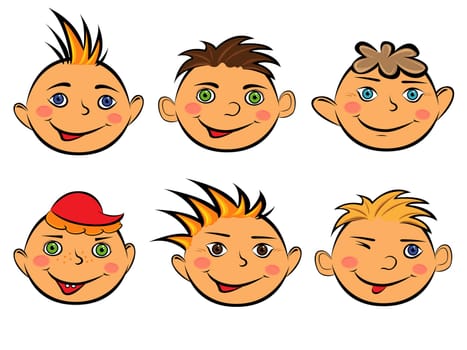 Set with six funny faces of smiling boys on white background, hand drawing cartoon vector illustration