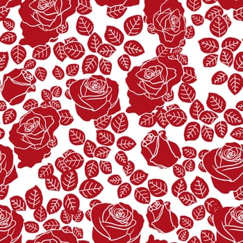 Red roses on white background, hand drawing bicolour seamless vector pattern