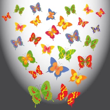 Colorful animated butterflies flying in a light space. Hand drawing vector illustration
