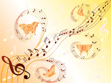 Various musical notes on stave and butterflies flying along, hand drawing stylized vector illustration