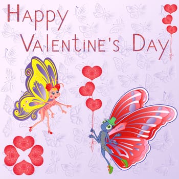 Happy Valentine Day, butterflies with balloons as a hearts on the butterflies background, hand drawing stylized vector greeting card