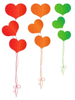 Colorful helium balloons in the shape of hearts isolated on the white background, hand drawing vector illustration