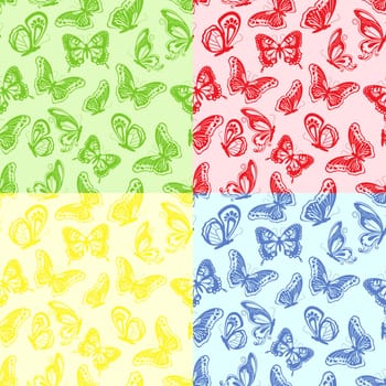 Four seamless colourful pattern with butterflies, hand drawing vector illustration