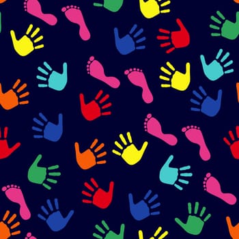 Seamless vector pattern with colorful imprints of children's hands and feet on a dark blue background