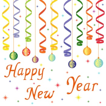 Happy New Year composition with serpentine and New Year decorations, hand drawing vector illustration