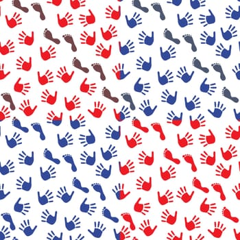 Four seamless vector pattern with colorful imprints of children's hands and feet on a white background