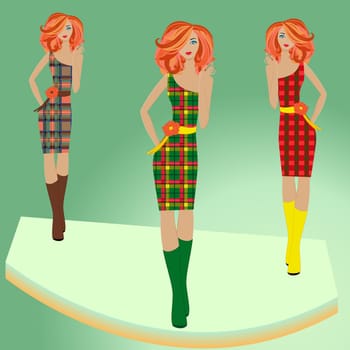 Stylish fashion models posing on podium in different checkered dresses, hand drawing vector illustration