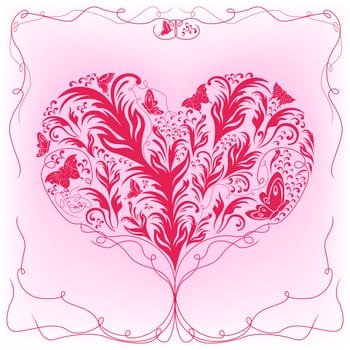 Heart that had taken roots, hand drawing floral stylized vector Valentines greeting card