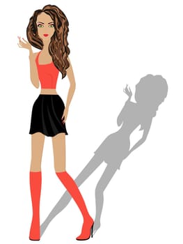 Stylish fashion model posing in clothing for leisure, hand drawing vector illustration isolated on white background
