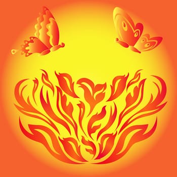 Butterflies over a flower fiery, hand drawing stylized vector illustration