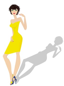 Fashionable model representing new clothes, hand drawing vector illustration isolated on white background