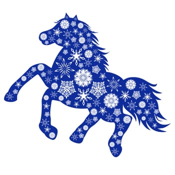 Symbol 2014 Blue Horse silhouette is filled with many different snowflakes, hand drawing vector illustration isolated on white background
