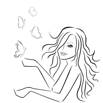 Beautiful young woman with butterflies around her, hand drawing black and white vector illustration