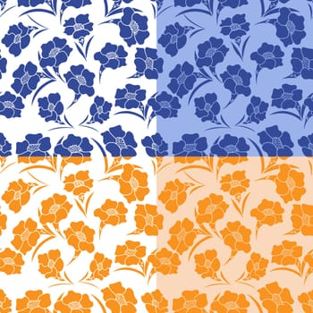 Four identical seamless herbal patterns in different colors, hand drawing vector illustration