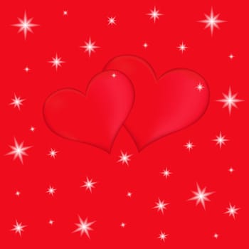 Two red hearts on a red background with stars, vector Valentines greeting card