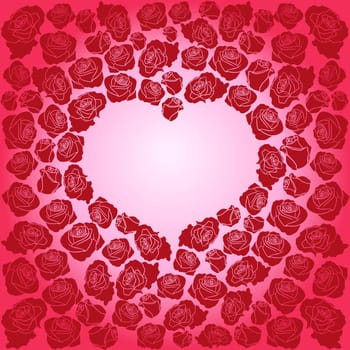 Heart of dark red roses on a pink background, hand drawing Valentines vector illustration