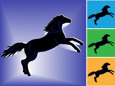 Symbol of 2014 black horse with dark blue stripes on blue and other backgrounds, hand drawing vector illustration