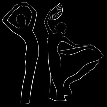 Man and woman dancing. hand drawing black and white vector illustration with black background
