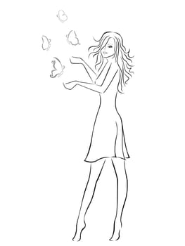Beautiful girl with butterflies, hand drawing black and white vector illustration