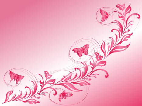Butterflies flying a beautiful twig, hand drawing stylized vector greeting card in pink tints
