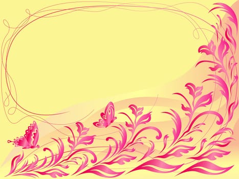 Butterflies flying a beautiful twig, hand drawing stylized vector greeting card in orange and pink tints