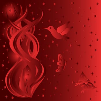 Phantasmagoric floral and animal composition with starry sky background, hand drawing vector illustration in red tints