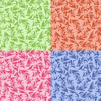 Four similar stylized swirl floral images in different colors, hand drawing vector illustration
