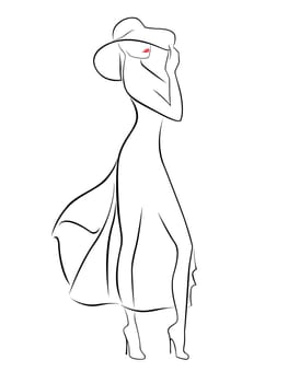 Romantic young woman in hat and cocktail dress isolated on white background, hand drawing vector illustration