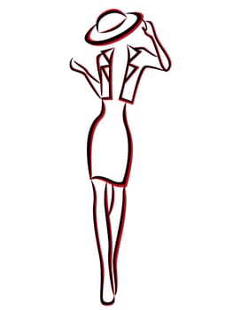 Elegant young woman in hat and jacket with black and red contours isolated on white background, hand drawing vector illustration