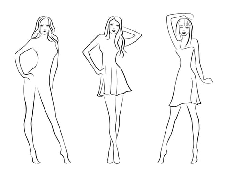 Three elegant fashion models isolated on white background, hand drawing black and white vector illustration