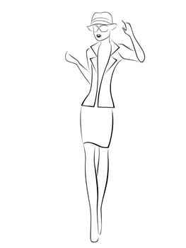 Elegant young woman in hat and jacket with glasses isolated on white background, hand drawing vector illustration