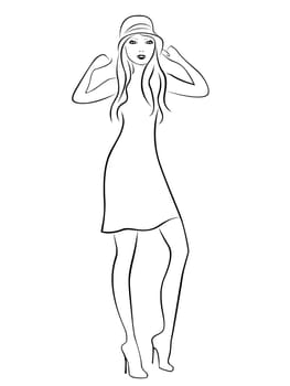 Attractive young woman in hat isolated on white background, hand drawing vector illustration
