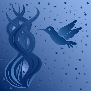 Phantasmagoric composition with bird on starry sky background, hand drawing vector illustration in blue tints