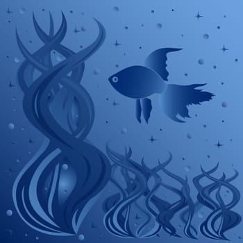 Composition of fish floating around aquatic plants, phantasmagoric hand drawing vector illustration in blue tints