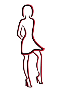 Attractive woman in a brief dress and with high heels isolated on white background, hand drawing vector illustration with black and red contours