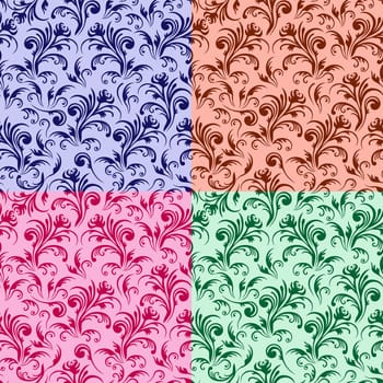 Four similar stylized swirl floral patterns in different colors, hand drawing vector illustration