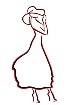 Romantic young woman in hat and cocktail dress isolated on white background, hand drawing vector illustration with black and red contours