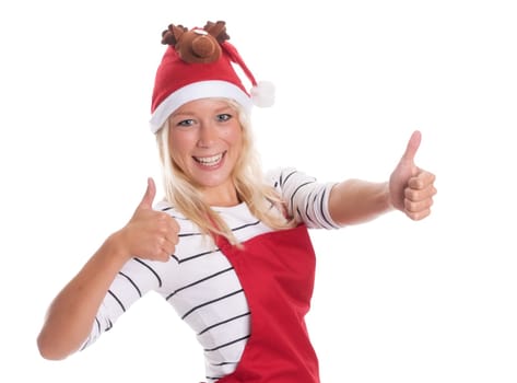 Housewife with red apron shows thumbs up