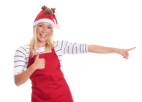 Housewife with red apron shows thumbs up