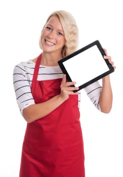 Housewife in Apron Holds a Tablet Pc