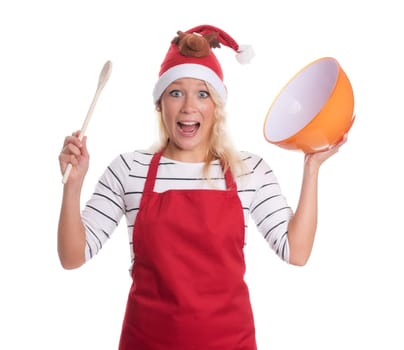 Christmas woman with apron holds a shot and is in stress