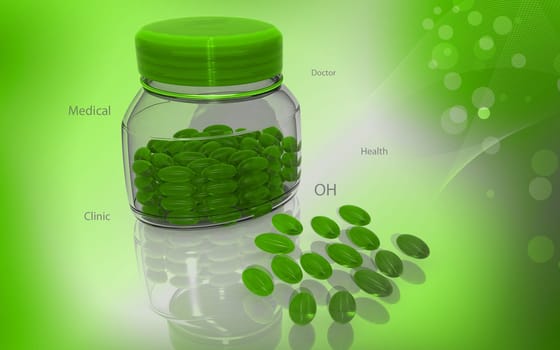 Digital illustration of capsule bottle in colour background