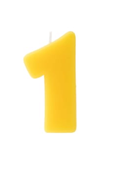 Yellow birthday candle in the form of a number on white background
