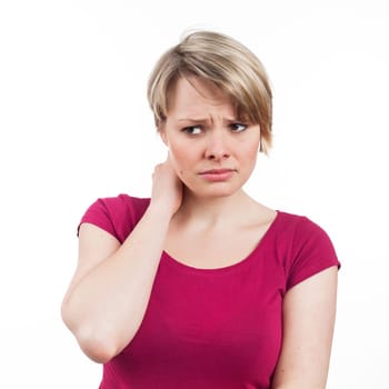 Portrait of a woman looking disturbed or in pain, isolated on white